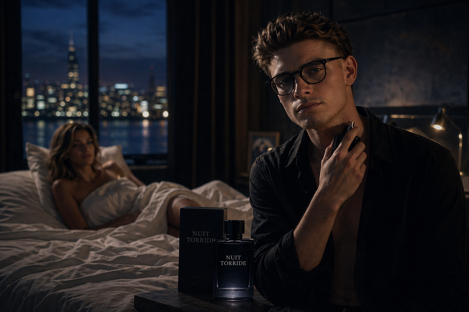 Intérieur de nuit, regard, parfum sur la table de chevet